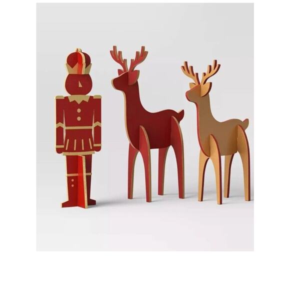 Wondershop 3pc Wood Nutcracker and Reindeer Christmas Character Set Red/Gold - Picture 2 of 5